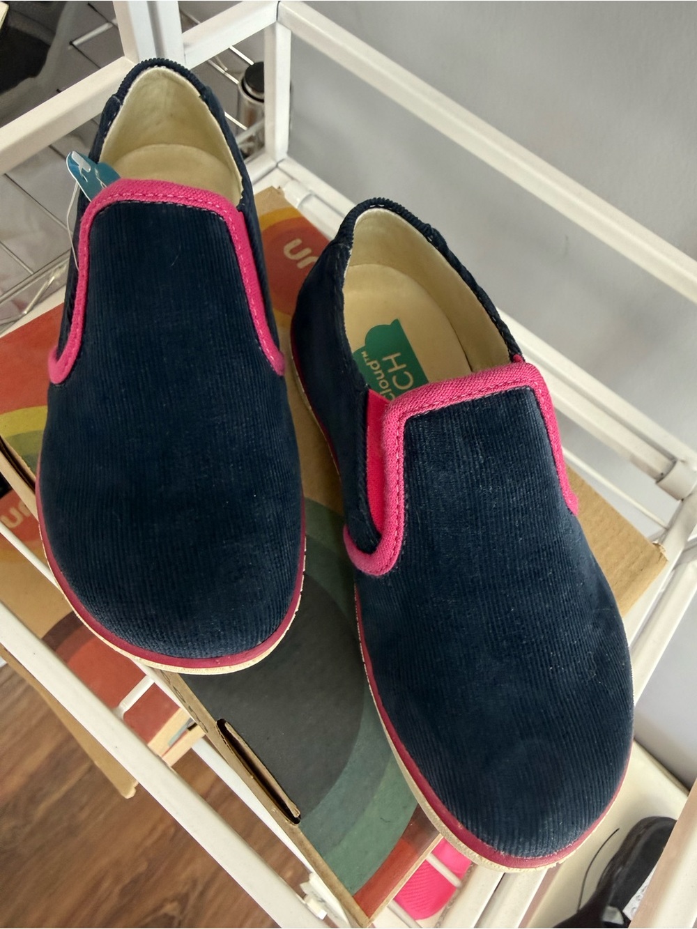 Girl’s Velvet  Slip-On Shoes in Navy with Pink Trim